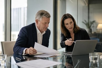 Business owner and finance advisor reviewing cashflow forecasts and financial models in a professional office setting.