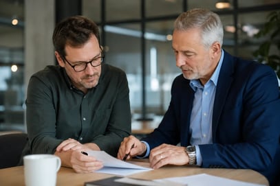 Business owner and experienced advisor discussing strategy, financial performance and growth opportunities during a management review meeting.