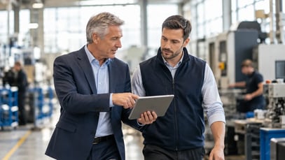 Advisor and managing director discussing business plans while walking through a workshop