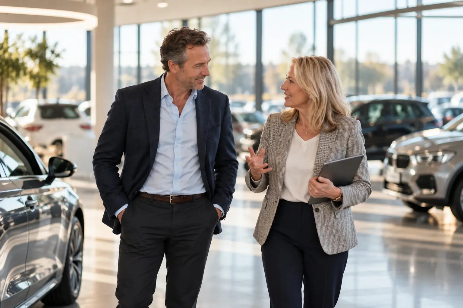 An Interim CFO and a Managing Director discussing business finances in a car showroom