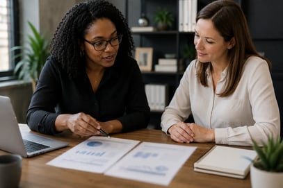 SME business owner and Finance Director discussing gross profit margin analysis, pricing strategy and business profitability improvements.