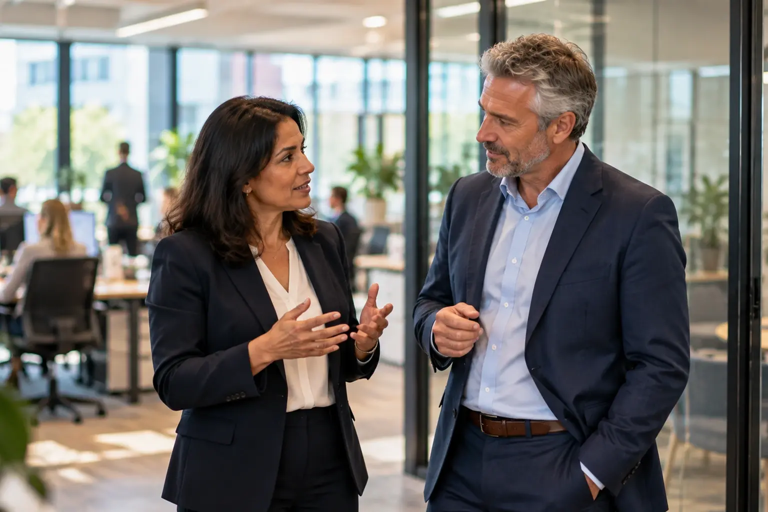 SME business owner discussing strategy with a fractional CFO in a modern office