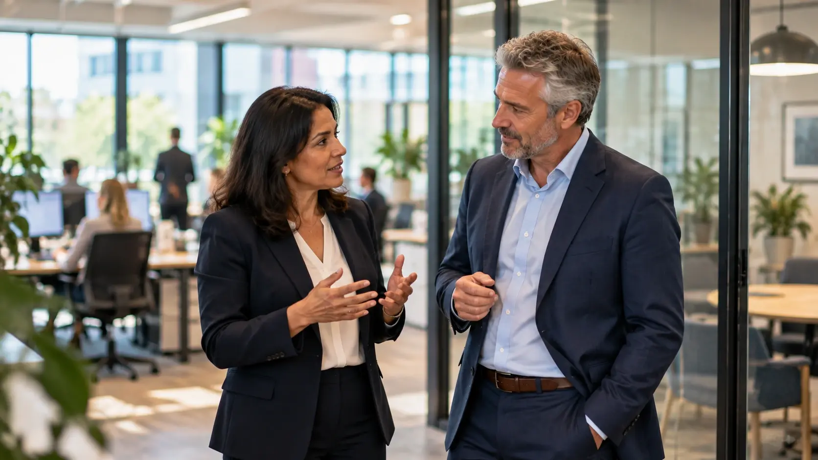 CFO and business owner discussing plans in a modern office