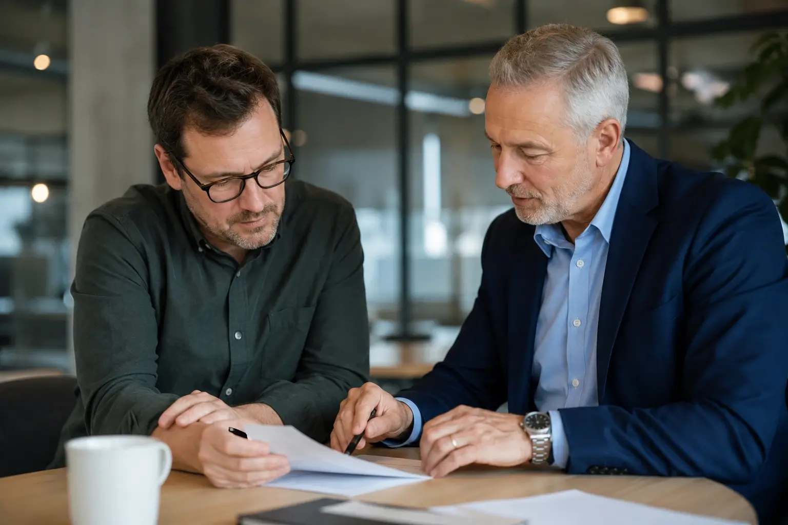 Business owner and experienced advisor discussing strategy, financial performance and growth opportunities during a management review meeting.
