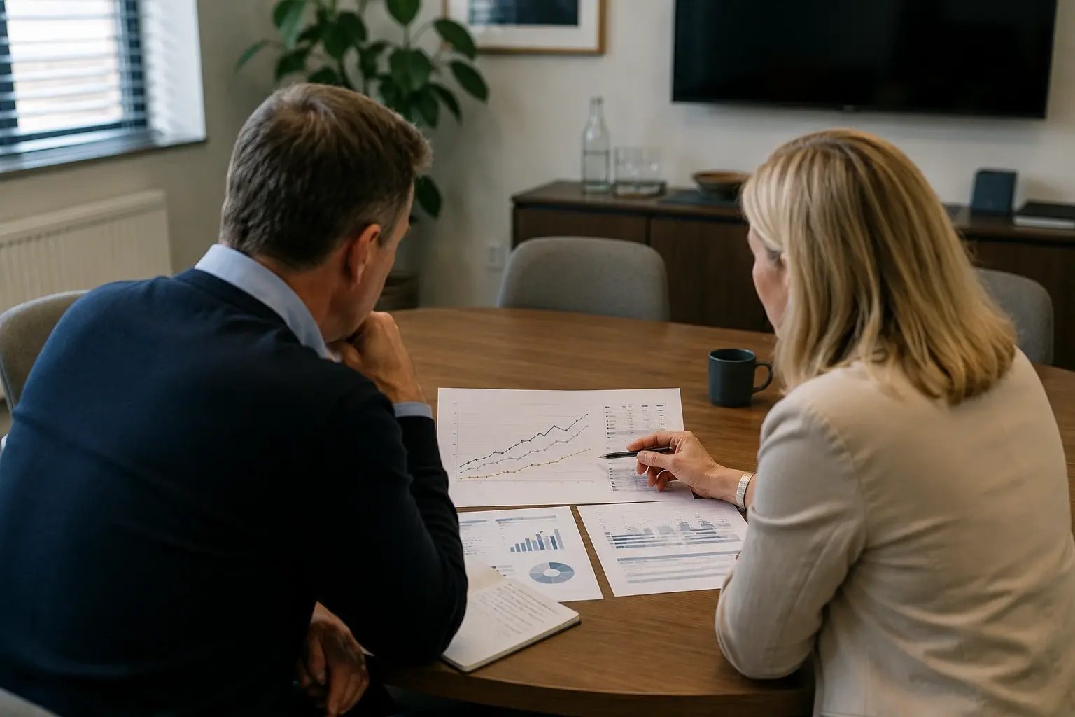 A business owner and Fractional CFO reviewing a financial forecast document showing projected performance, the kind of forward planning tool a growing SME needs.