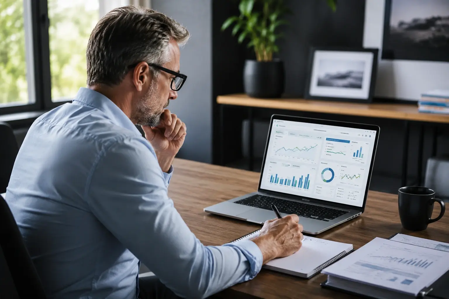 SME business owner analysing gross profit margin, profitability and business performance data using a financial dashboard.