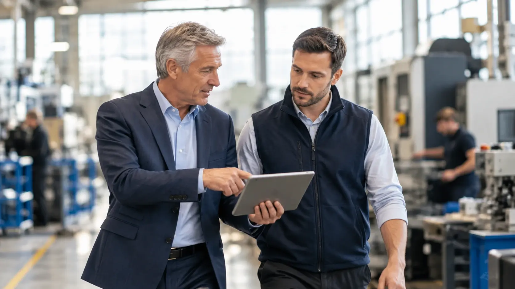 Advisor and managing director discussing business plans while walking through a workshop