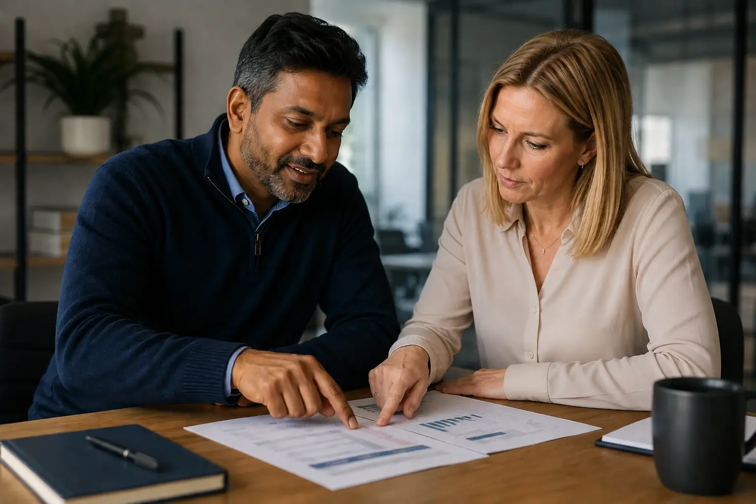 A founder and finance advisor reviewing monthly management accounts together at a meeting table