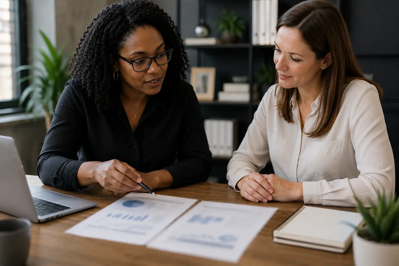SME business owner and Finance Director discussing gross profit margin analysis, pricing strategy and business profitability improvements.