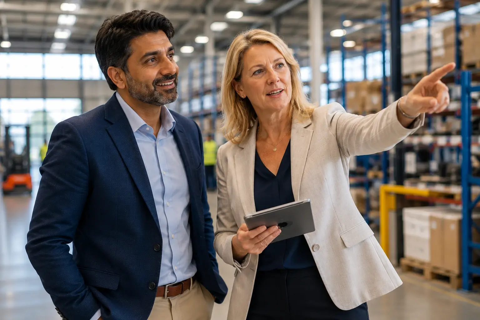 Business owner and external adviser discussing operational improvements and hidden growth opportunities within a warehouse facility.